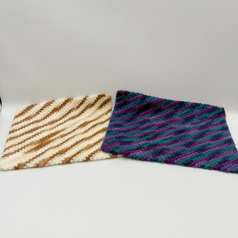 Vintage Handmade Crochet Potholders Set of 2 Striped Tan Purple Retro Kitchen